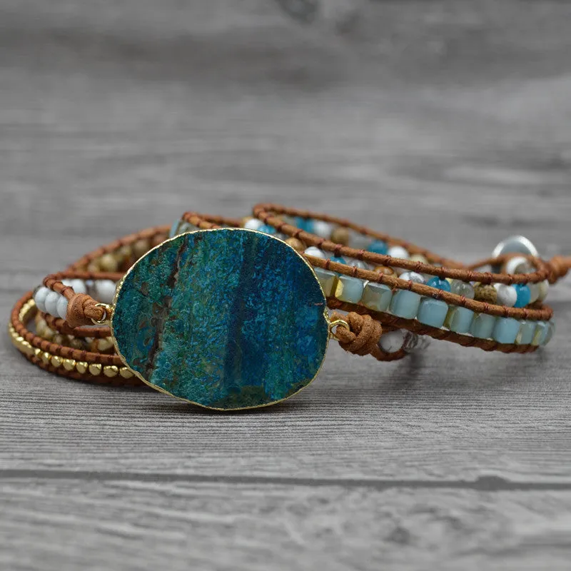 DIEZI Men Leather Wrap Beaded Bracelet Huge Ocean Stone Bracelet For Women Statement Jewelry Bohemian Bracelet Valentine's Gift