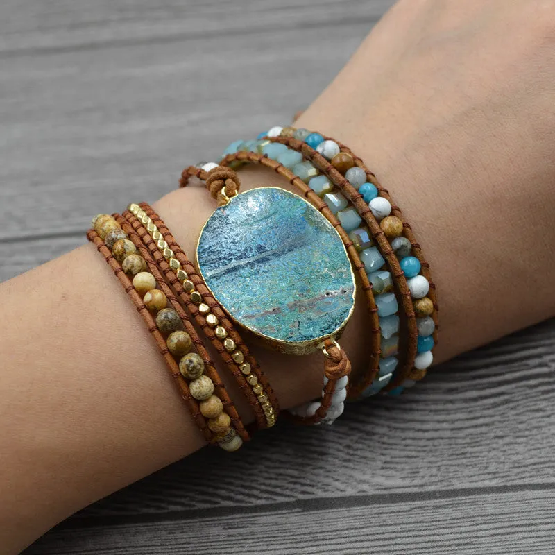 DIEZI Men Leather Wrap Beaded Bracelet Huge Ocean Stone Bracelet For Women Statement Jewelry Bohemian Bracelet Valentine's Gift