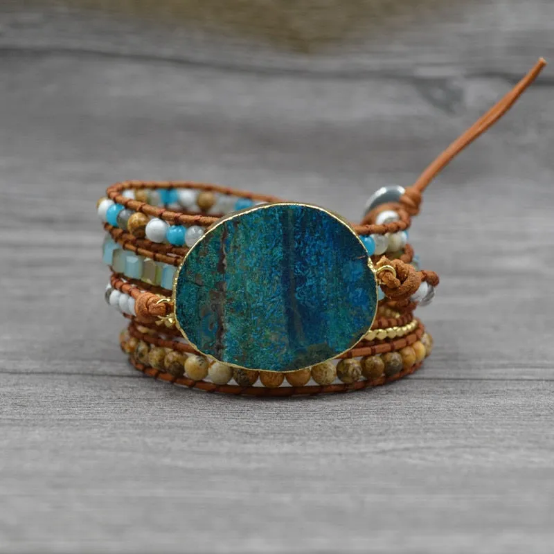DIEZI Men Leather Wrap Beaded Bracelet Huge Ocean Stone Bracelet For Women Statement Jewelry Bohemian Bracelet Valentine's Gift