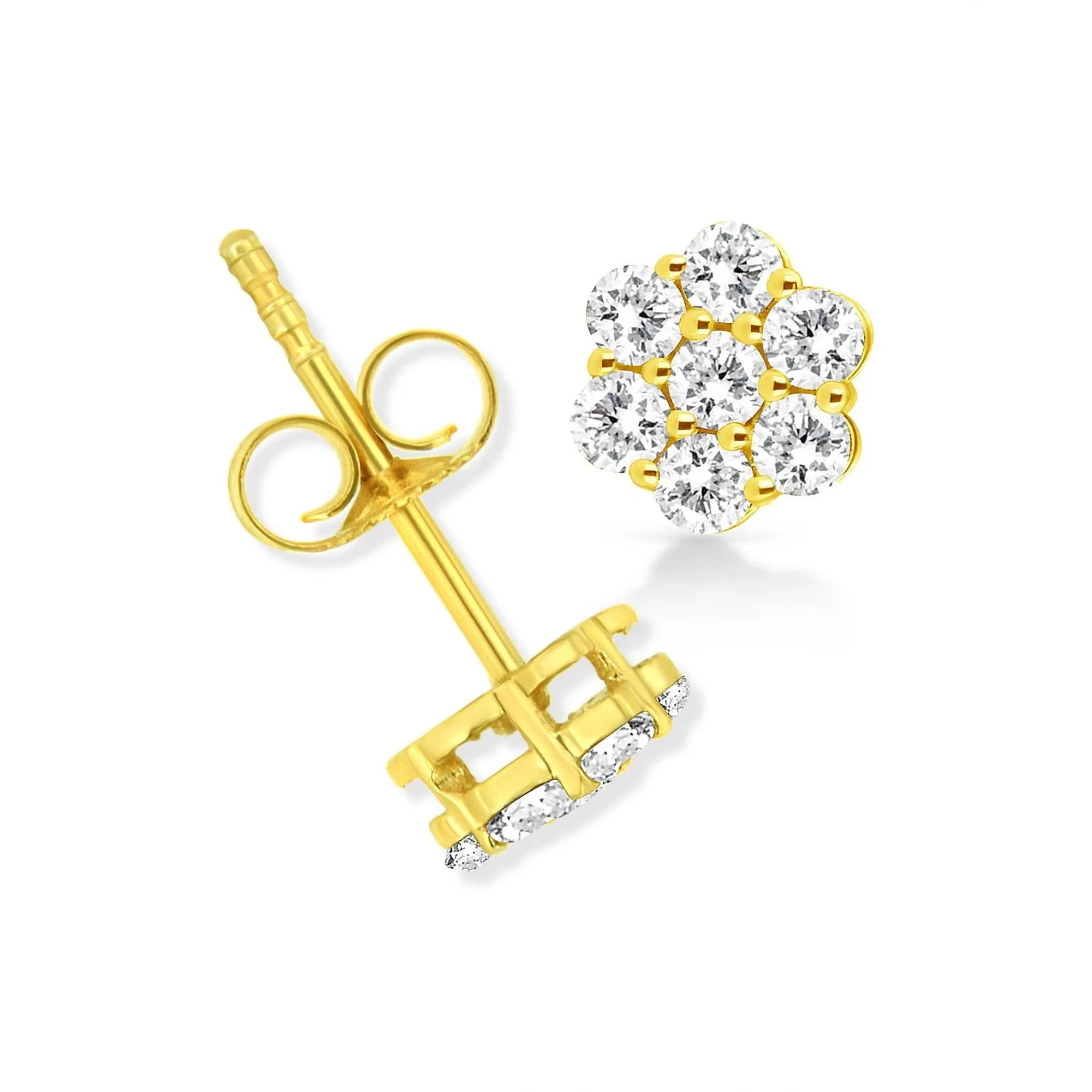 Elegant 14K Yellow Gold Floral Diamond Cluster Stud Earrings with 1/2 Cttw Round Cuts