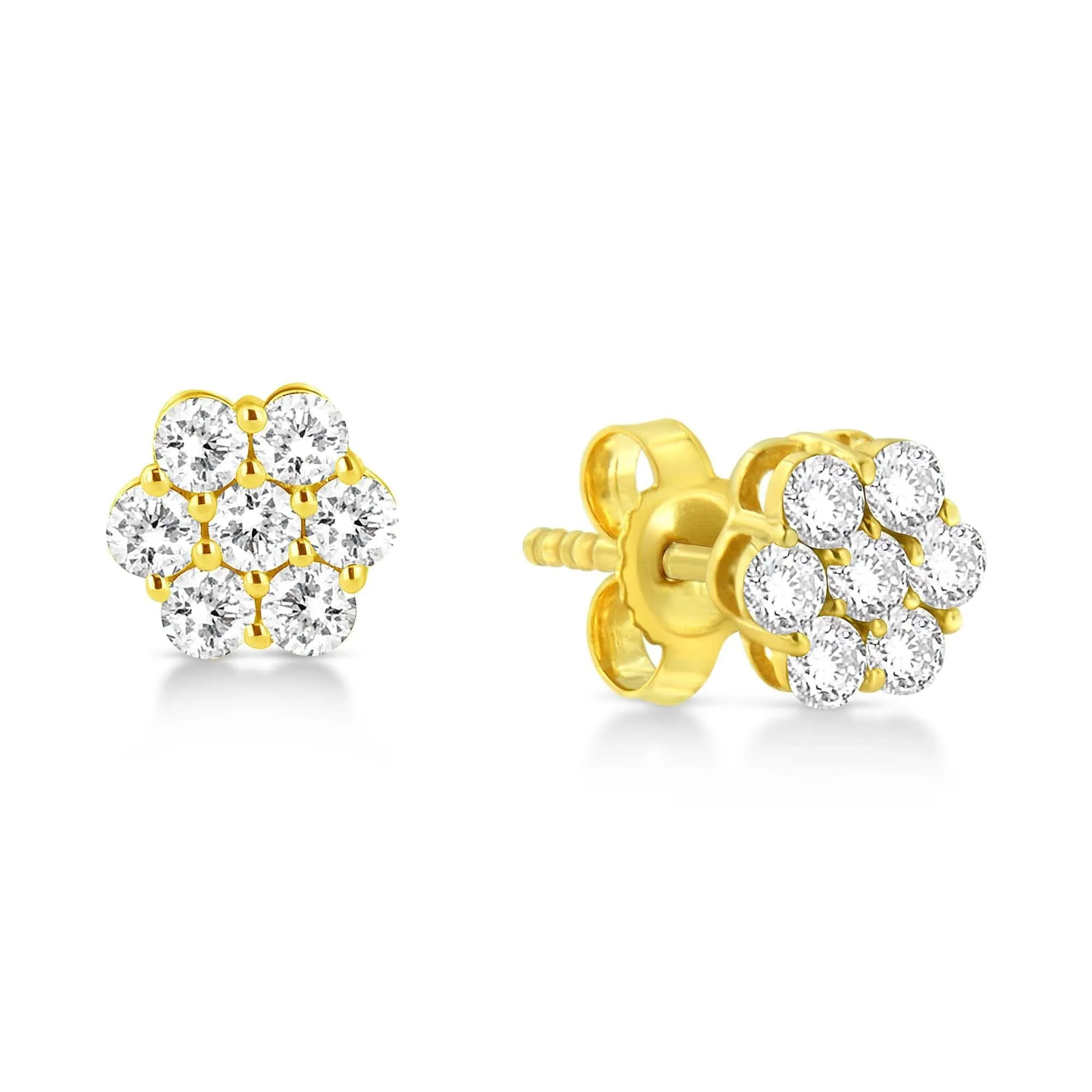 Elegant 14K Yellow Gold Floral Diamond Cluster Stud Earrings with 1/2 Cttw Round Cuts