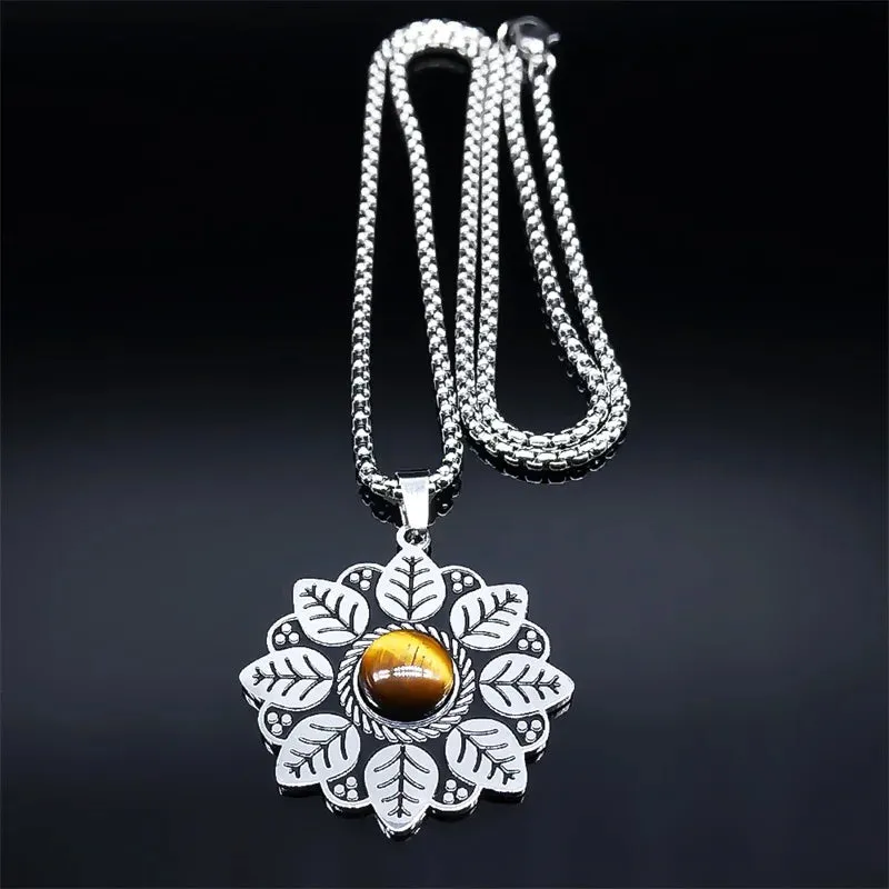 Fashion Flower of Life Pendant Necklace Women Stainless Steel Stone Boho Chain Necklaces