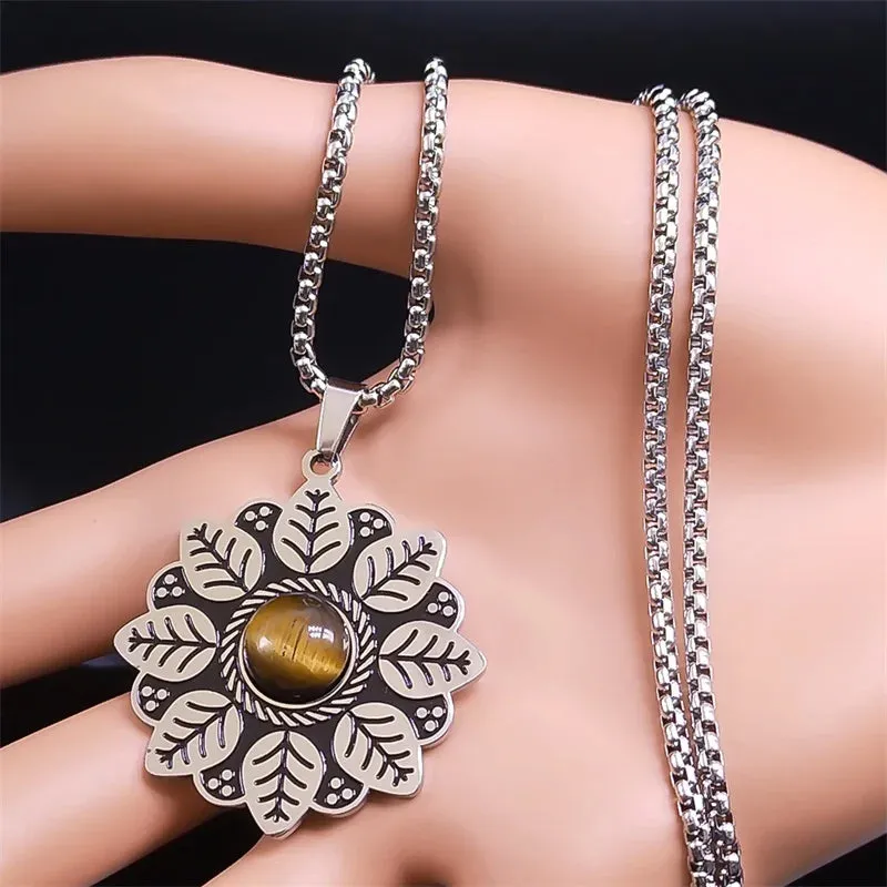 Fashion Flower of Life Pendant Necklace Women Stainless Steel Stone Boho Chain Necklaces