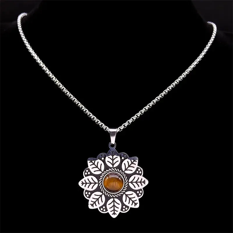 Fashion Flower of Life Pendant Necklace Women Stainless Steel Stone Boho Chain Necklaces