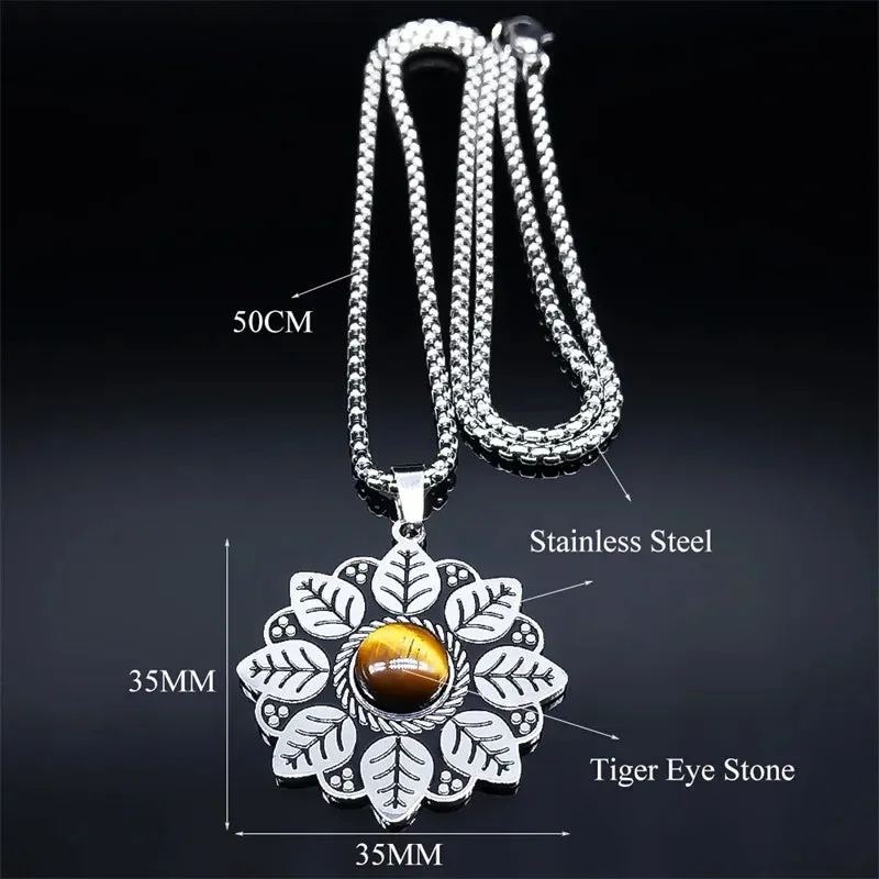 Fashion Flower of Life Pendant Necklace Women Stainless Steel Stone Boho Chain Necklaces