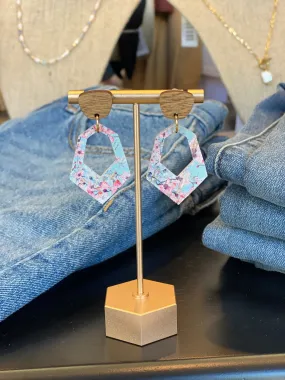 Floral Leather and Wood Geometric Earrings