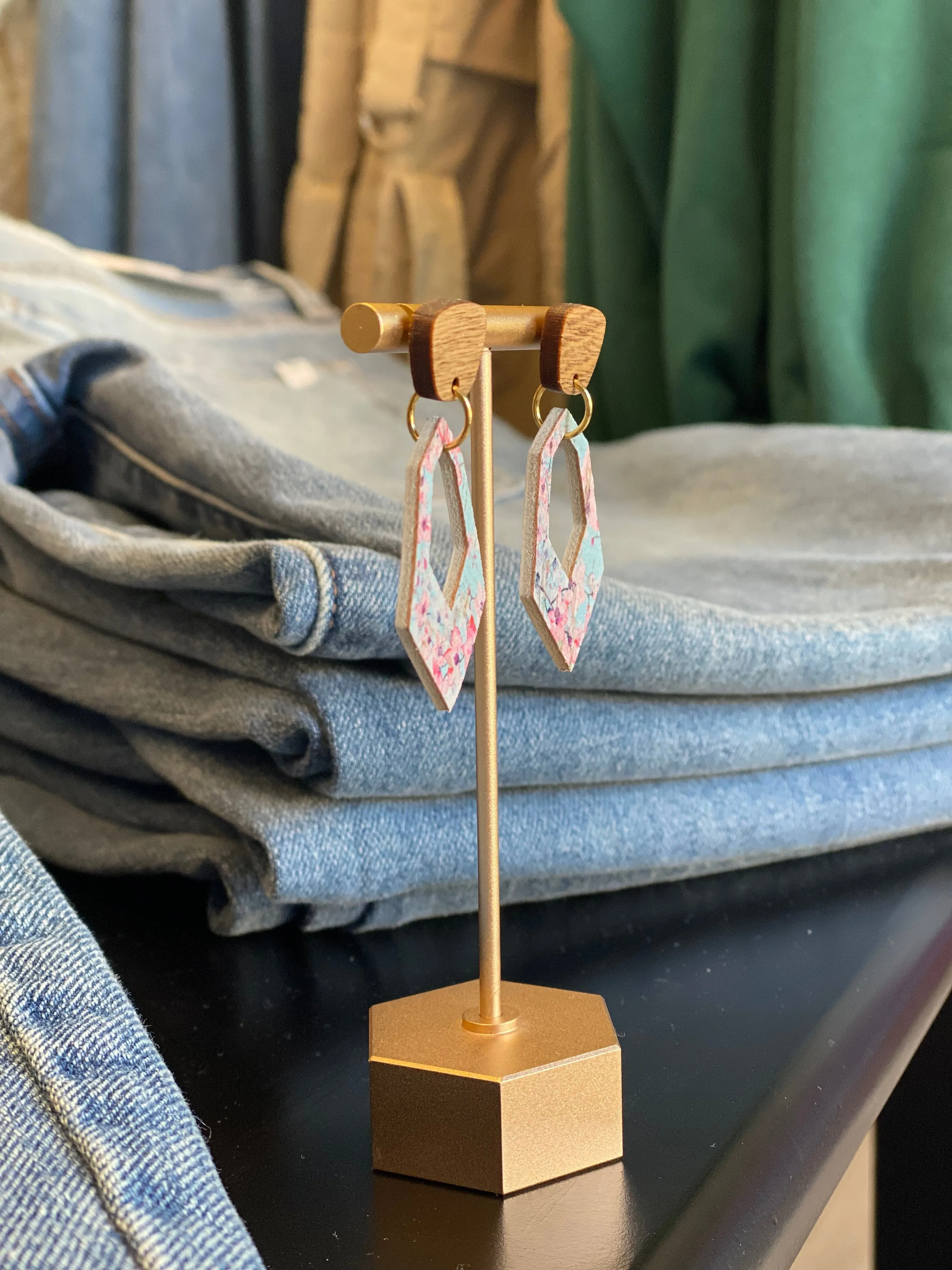 Floral Leather and Wood Geometric Earrings