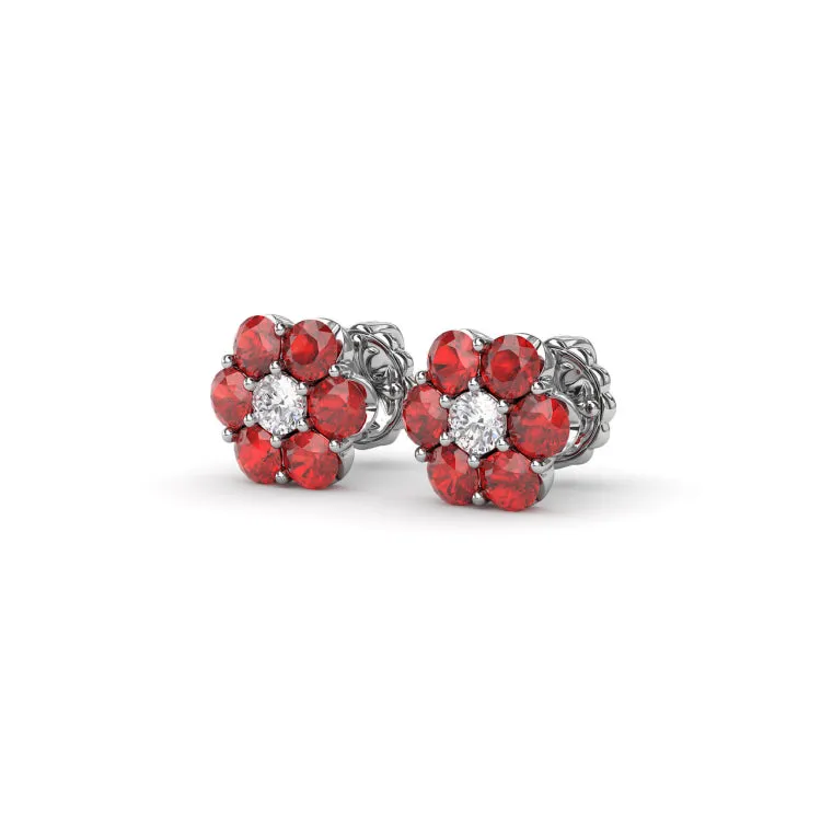 Floral Ruby And Diamond Stud Earrings