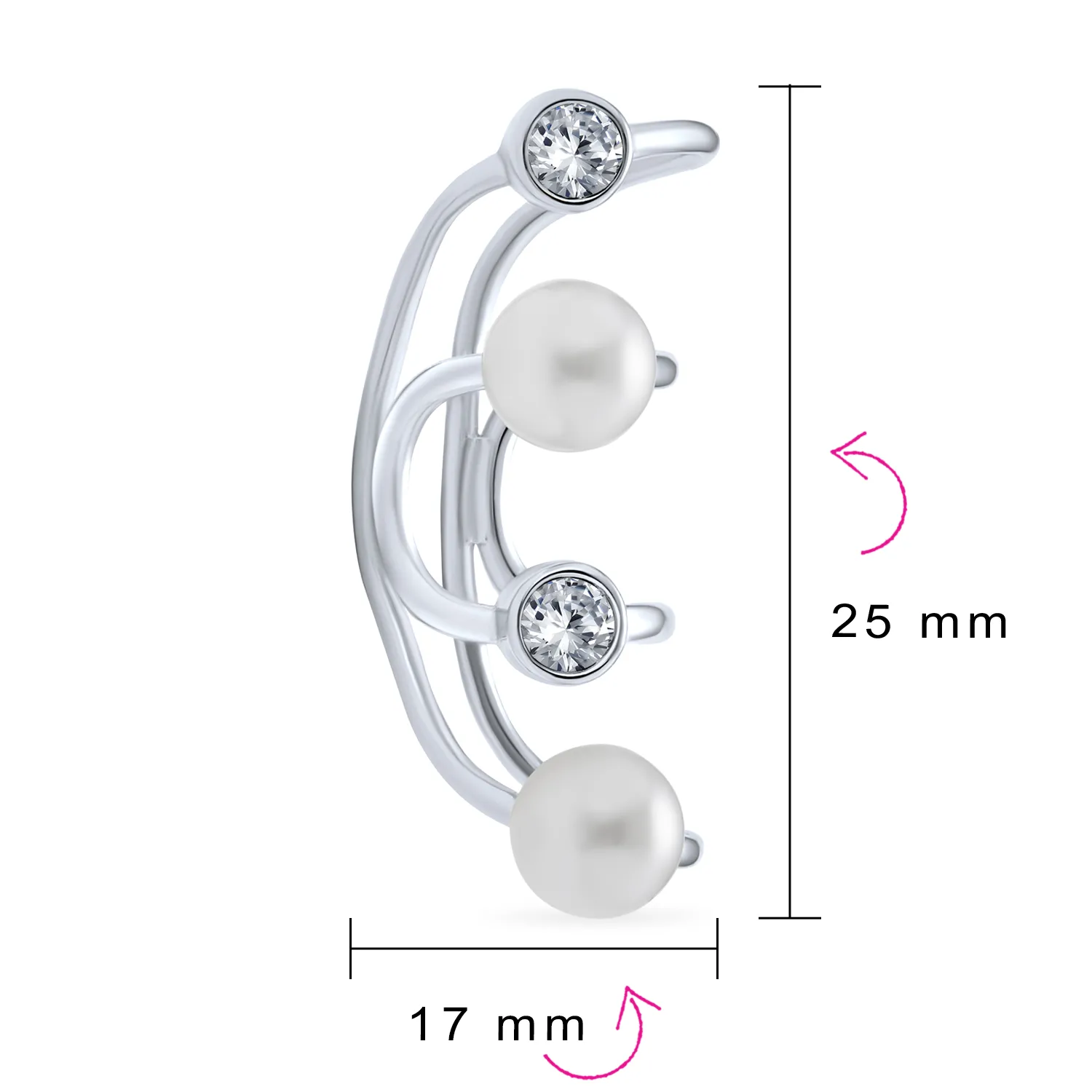 Geometric Spiral Wire Crystal Pearl Ear Cuff Cartilage Wrap Helix Earring Silver