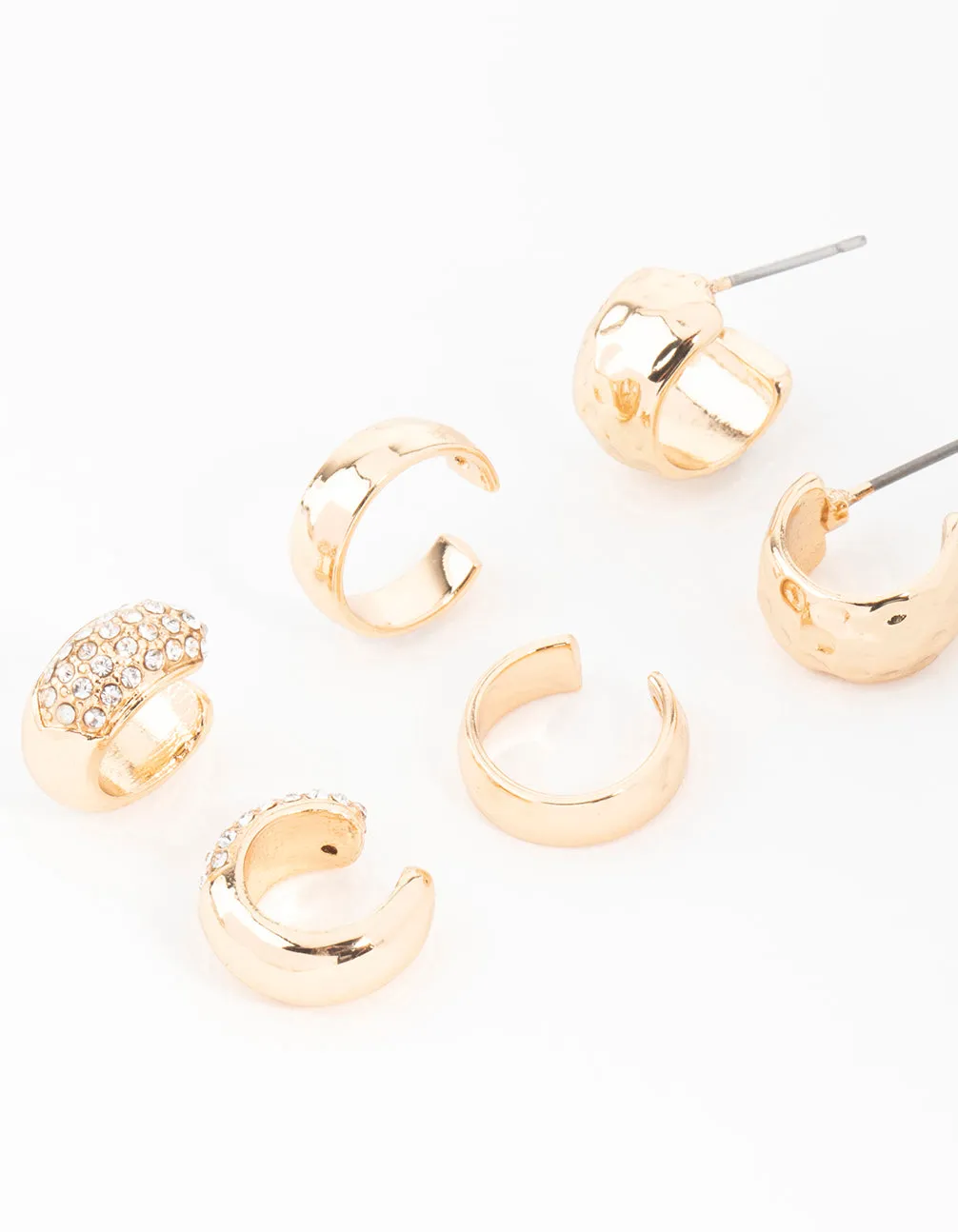 Gold Plated Chunky Pave Cubic Zirconia Ear Cuffs 6-Pack