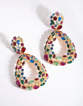 Gold Rainbow Cluster Teardrop Earrings