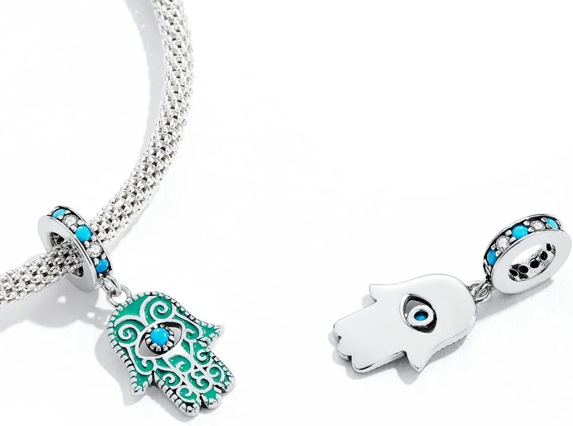 Hand of Fatima Pendant Charms for Pandora Bracelet,925 Sterling Silver Blue Turquoise Charm Bead with Jewelry Gift Box