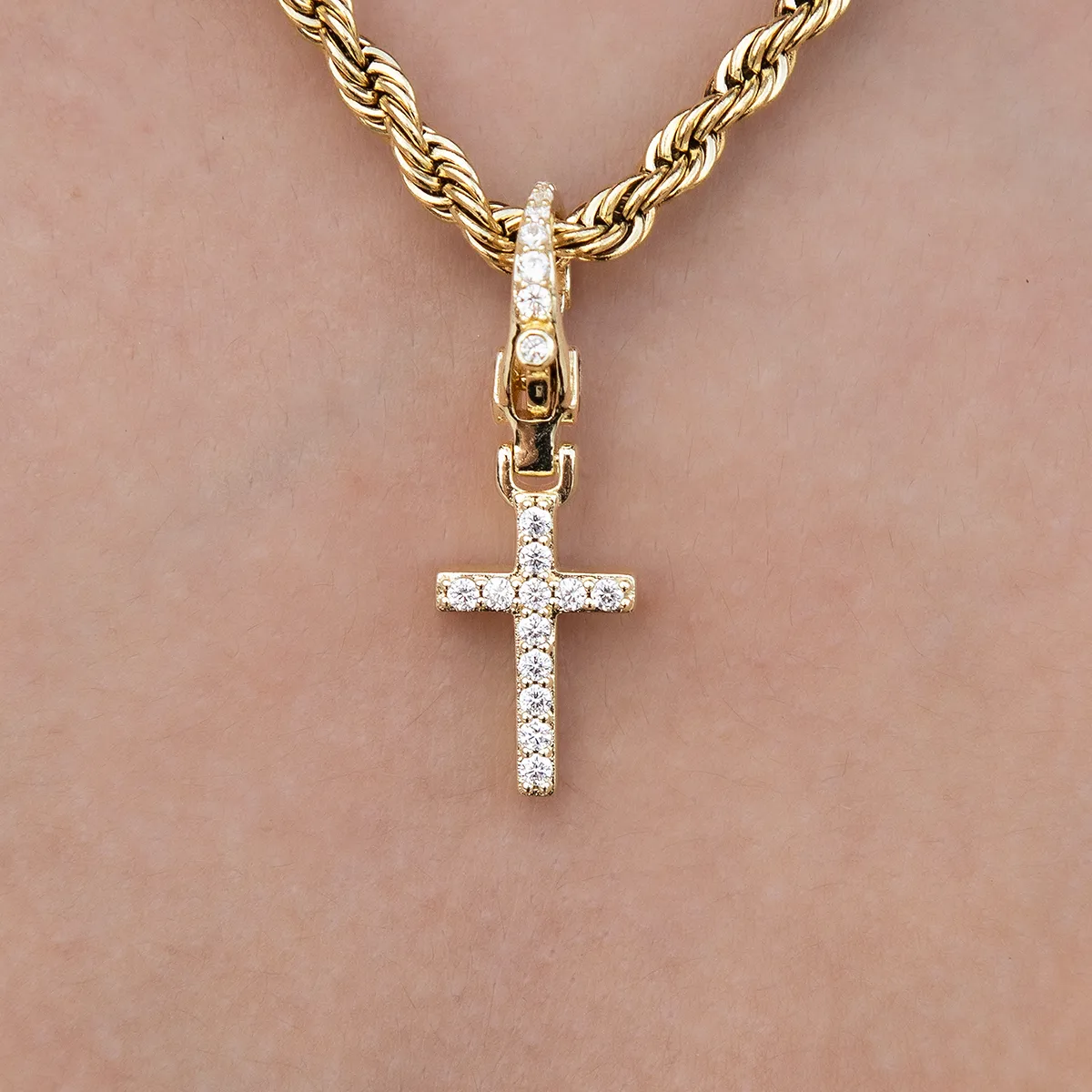 Iced Micro Cross Clip On Pendant in Yellow Gold