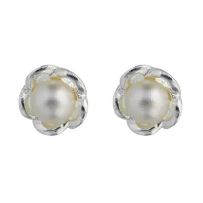 Kilkenny Sterling Silver Pearl Stud Earrings in Floral Setting