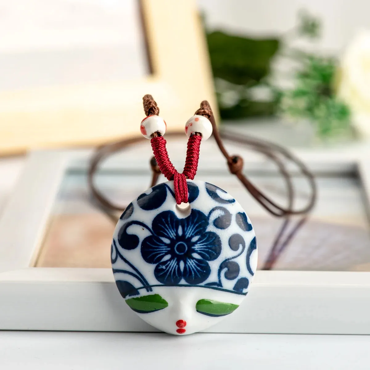 L China Ceramic Girl Face Pendant Bar necklace retro Chinese style Necklaces