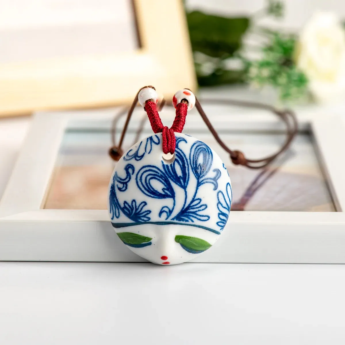 L China Ceramic Girl Face Pendant Bar necklace retro Chinese style Necklaces