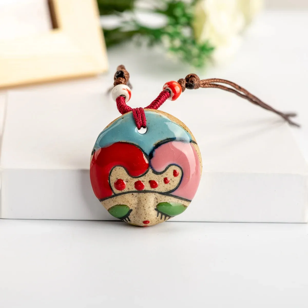 L China Ceramic Girl Face Pendant Bar necklace retro Chinese style Necklaces