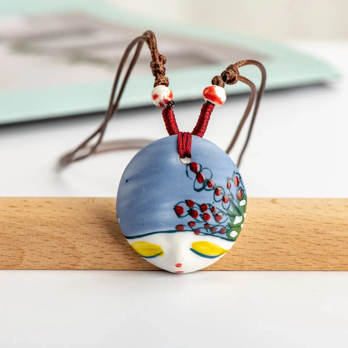 L China Ceramic Girl Face Pendant Bar necklace retro Chinese style Necklaces