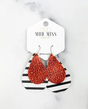 Leather Stacked Teardrop Earring "Metallic Orange on Black & White Stripes (Thick Stripes)"