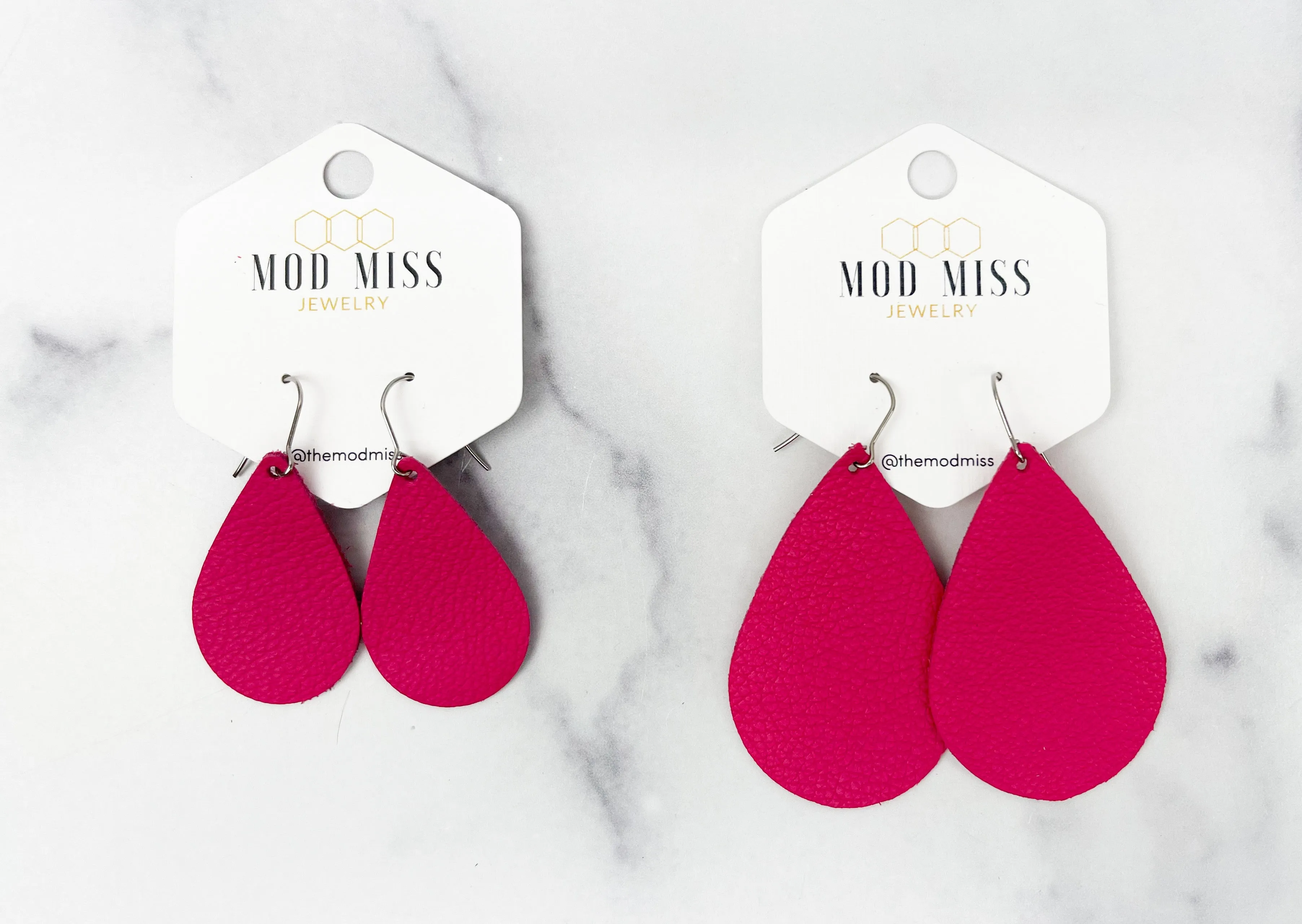 Leather Teardrop Earring "Fuchsia Pink"