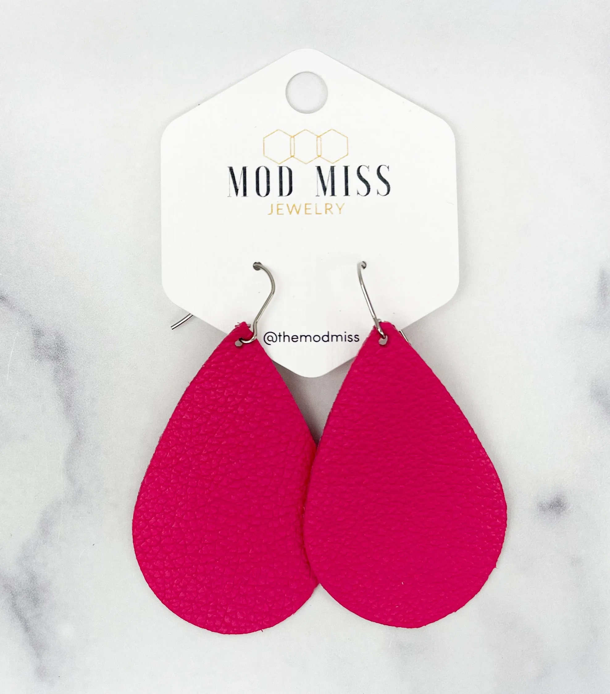 Leather Teardrop Earring "Fuchsia Pink"