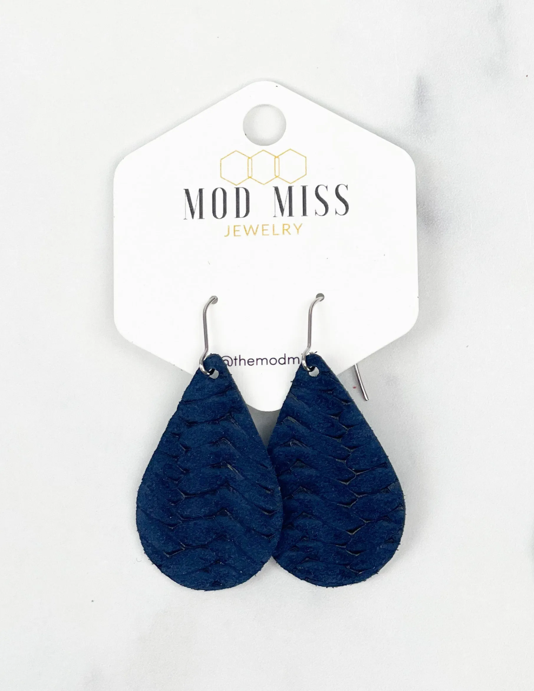 Leather Teardrop Earring "Weaved Navy"