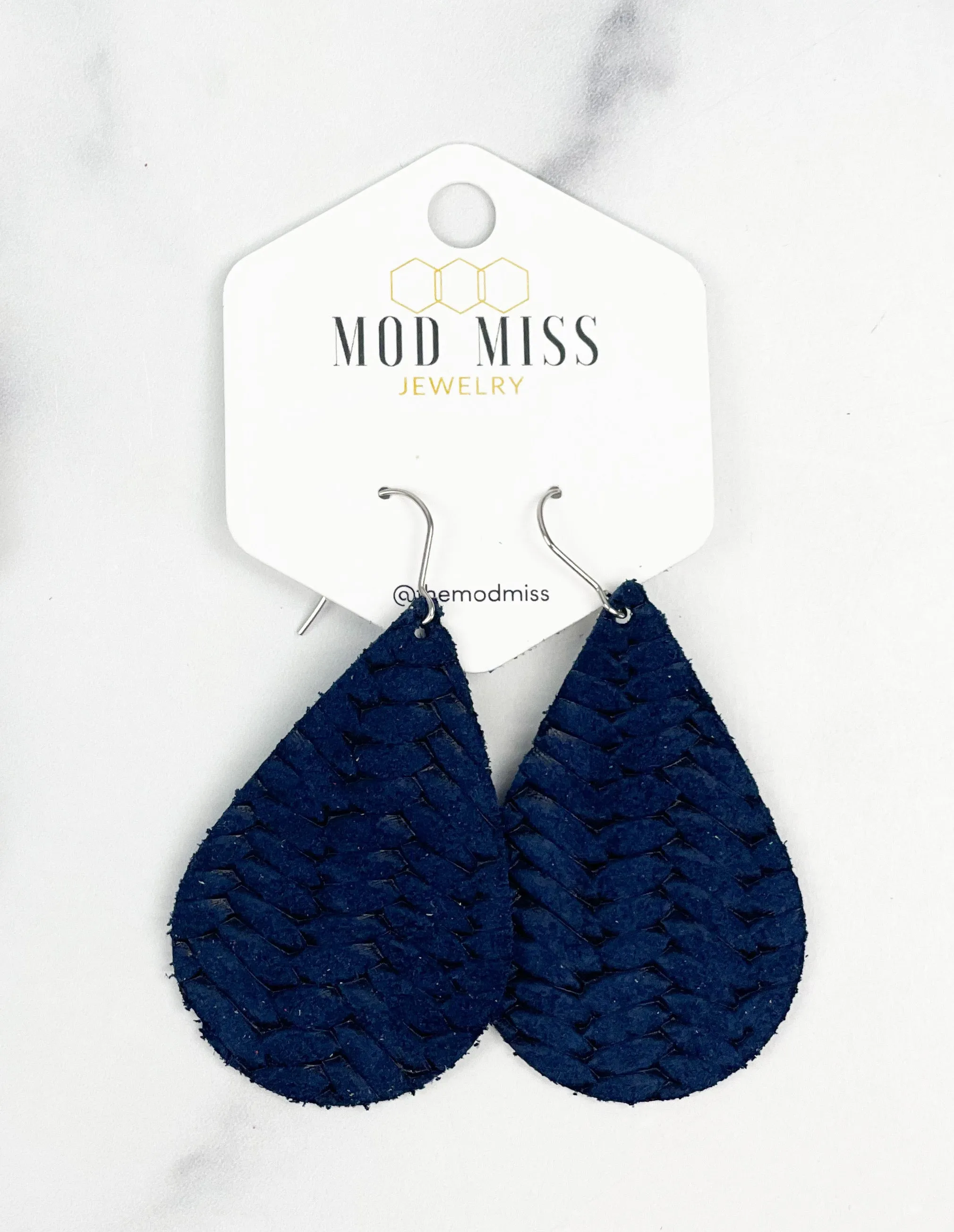 Leather Teardrop Earring "Weaved Navy"