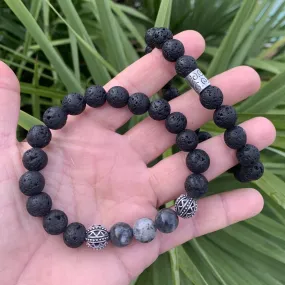 Men's bracelet in 10mm natural pearls, tiger eye, labradorite, black lava, biker bracelet