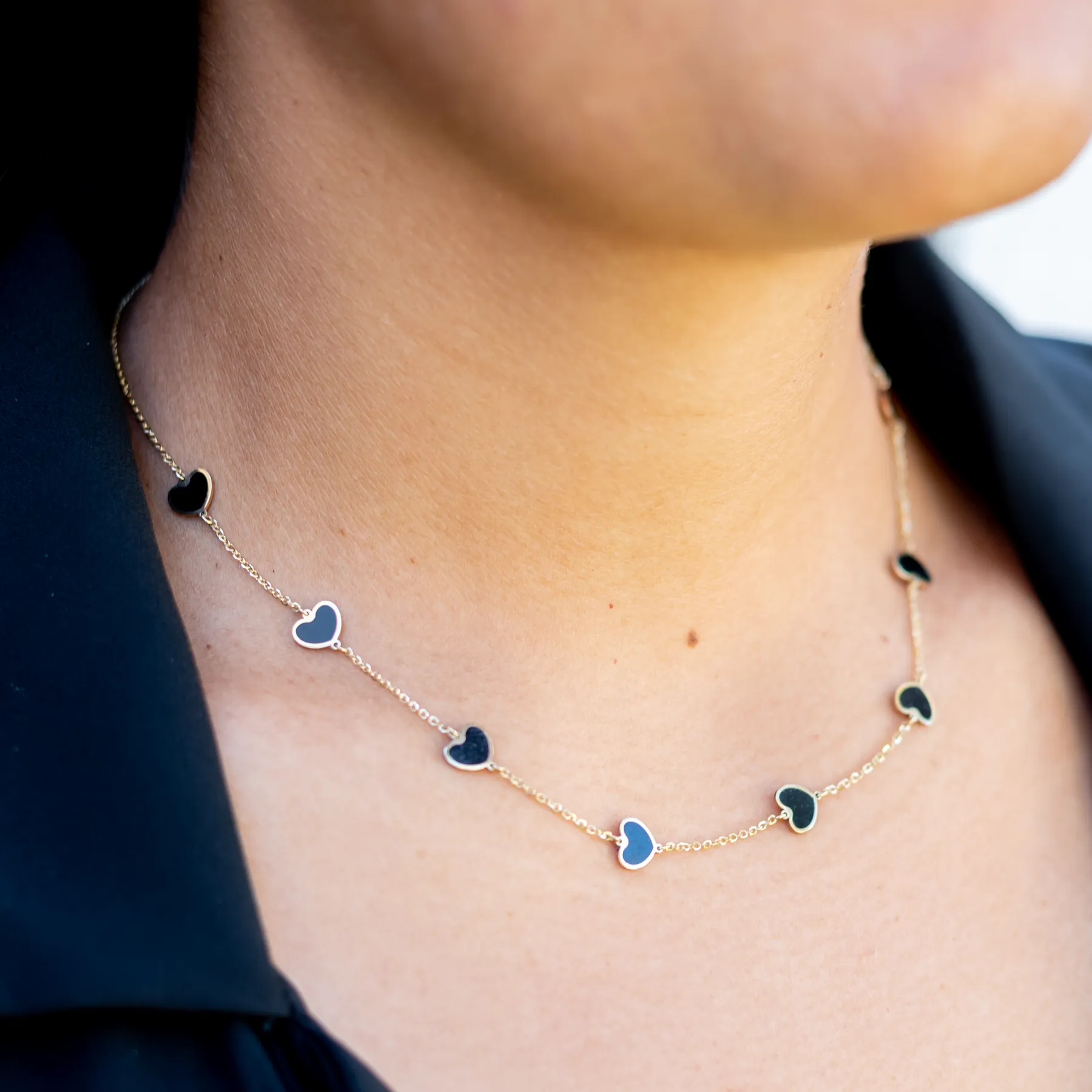Mini Heart Station Necklace/Black Onyx