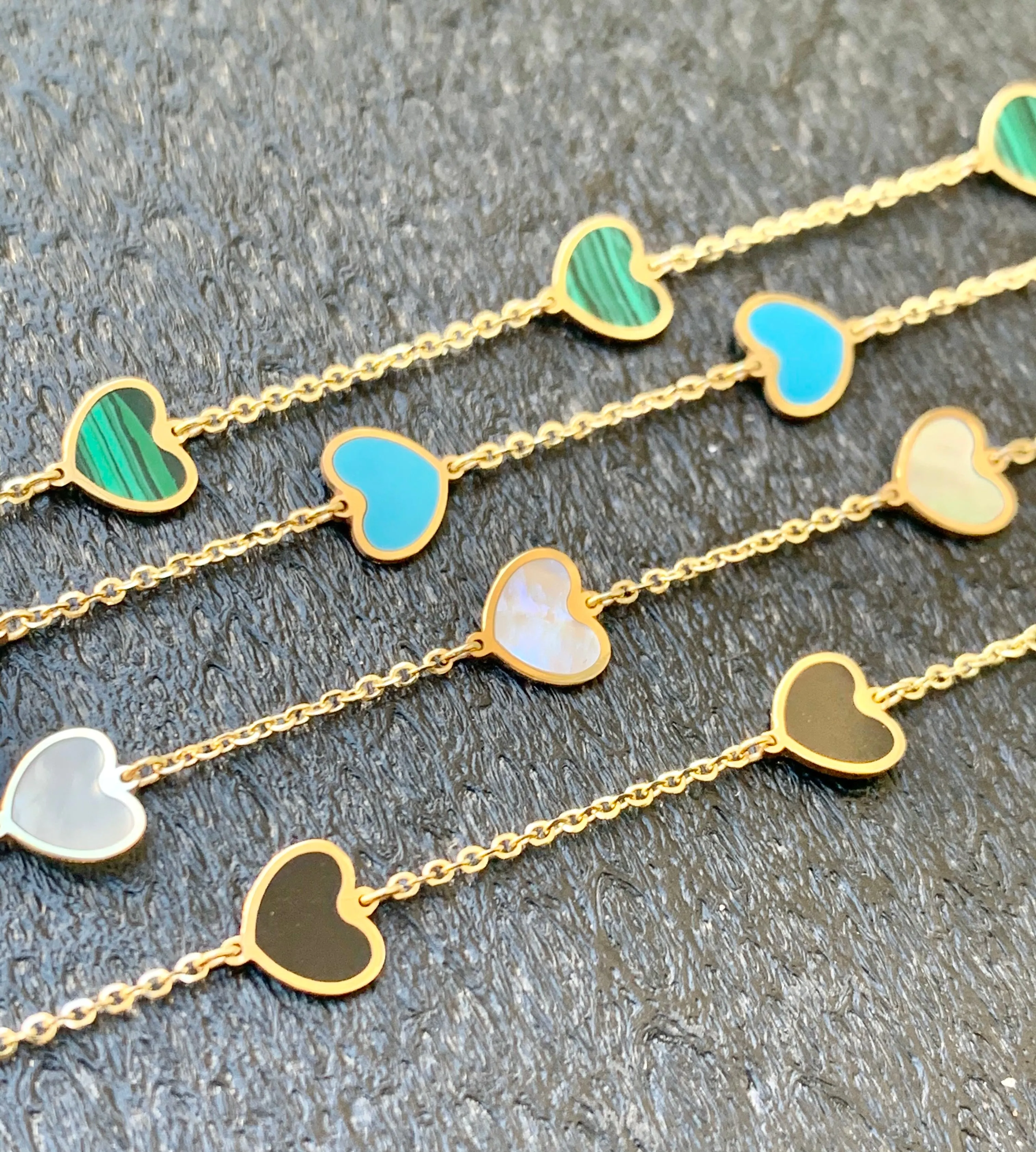 Mini Heart Station Necklace/Black Onyx