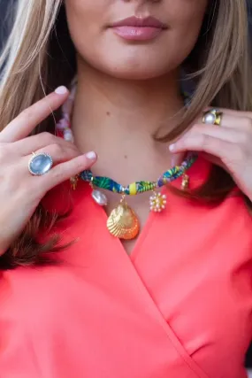 Multi Charm Shell Twilly Tie Necklace