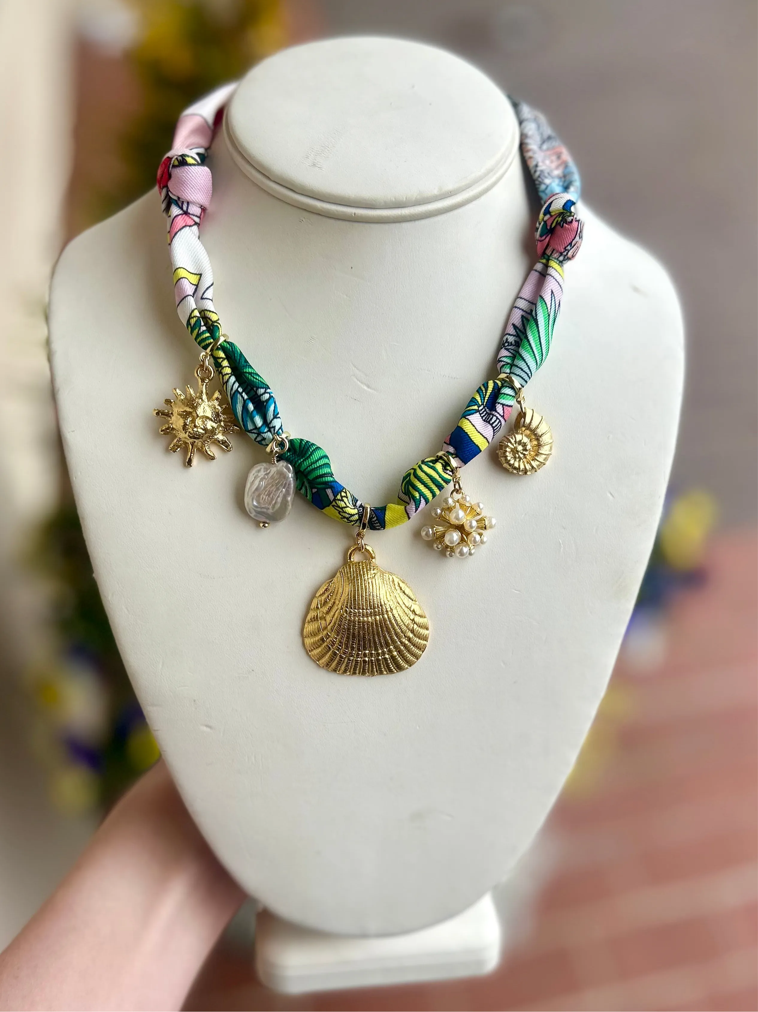 Multi Charm Shell Twilly Tie Necklace