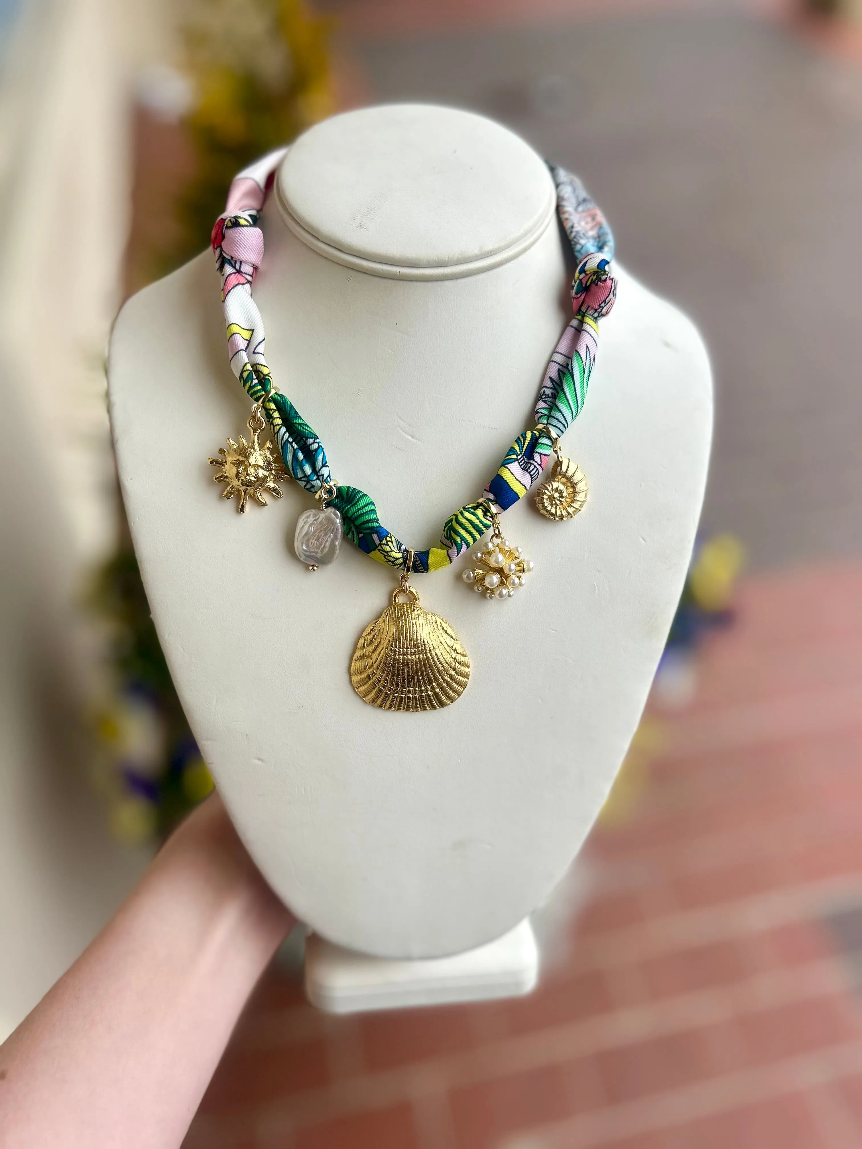 Multi Charm Shell Twilly Tie Necklace