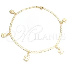 Oro Laminado Charm Anklet , Gold Filled Style Elephant and Concave Cuban Design, Polished, Golden Finish, 03.58.0038.10