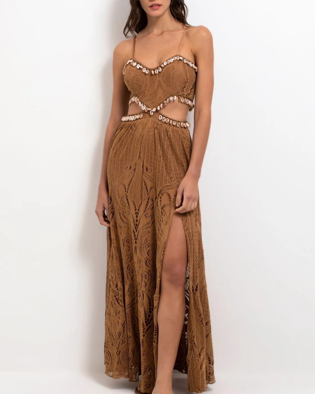 PatBo Beaded Seashell Cutout Maxi Dress
