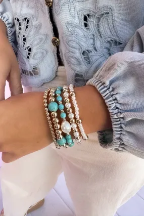 Pearl, Turquoise, & Gold Beaded Set of 5 Bracelet Stack