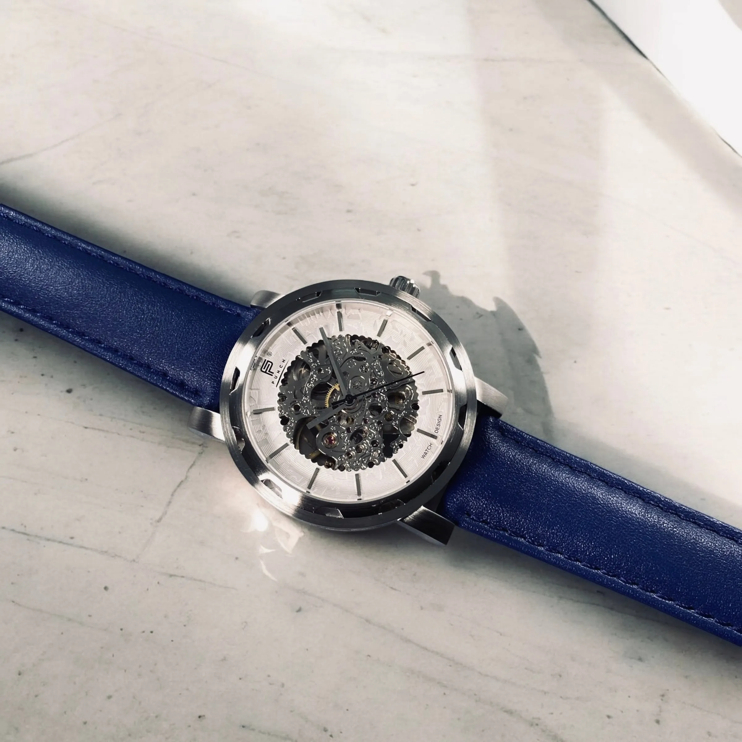 PUNCH Mens Watch, Silver & White Skeleton Automatic Watch - Blue Leather Strap