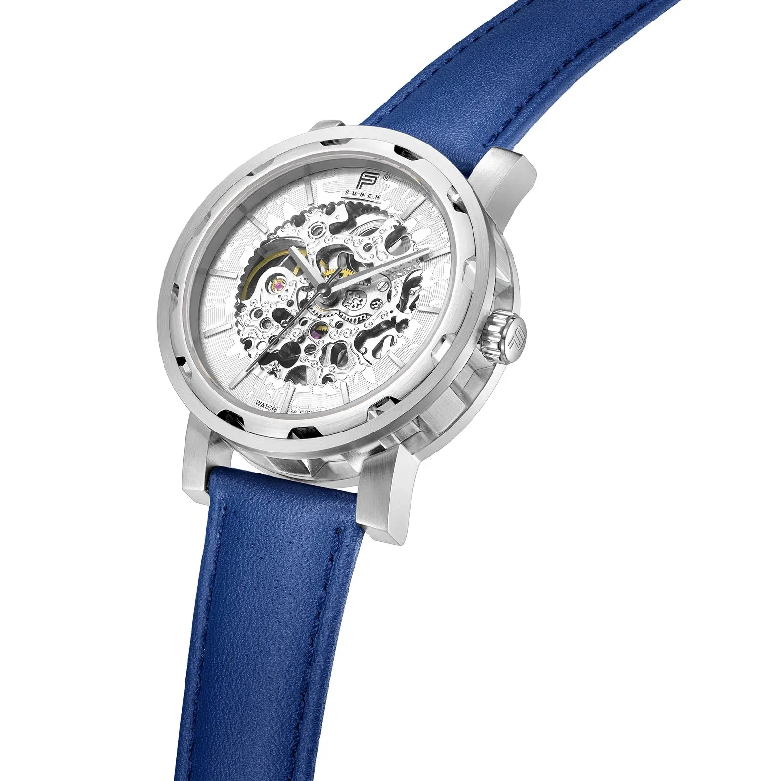 PUNCH Mens Watch, Silver & White Skeleton Automatic Watch - Blue Leather Strap