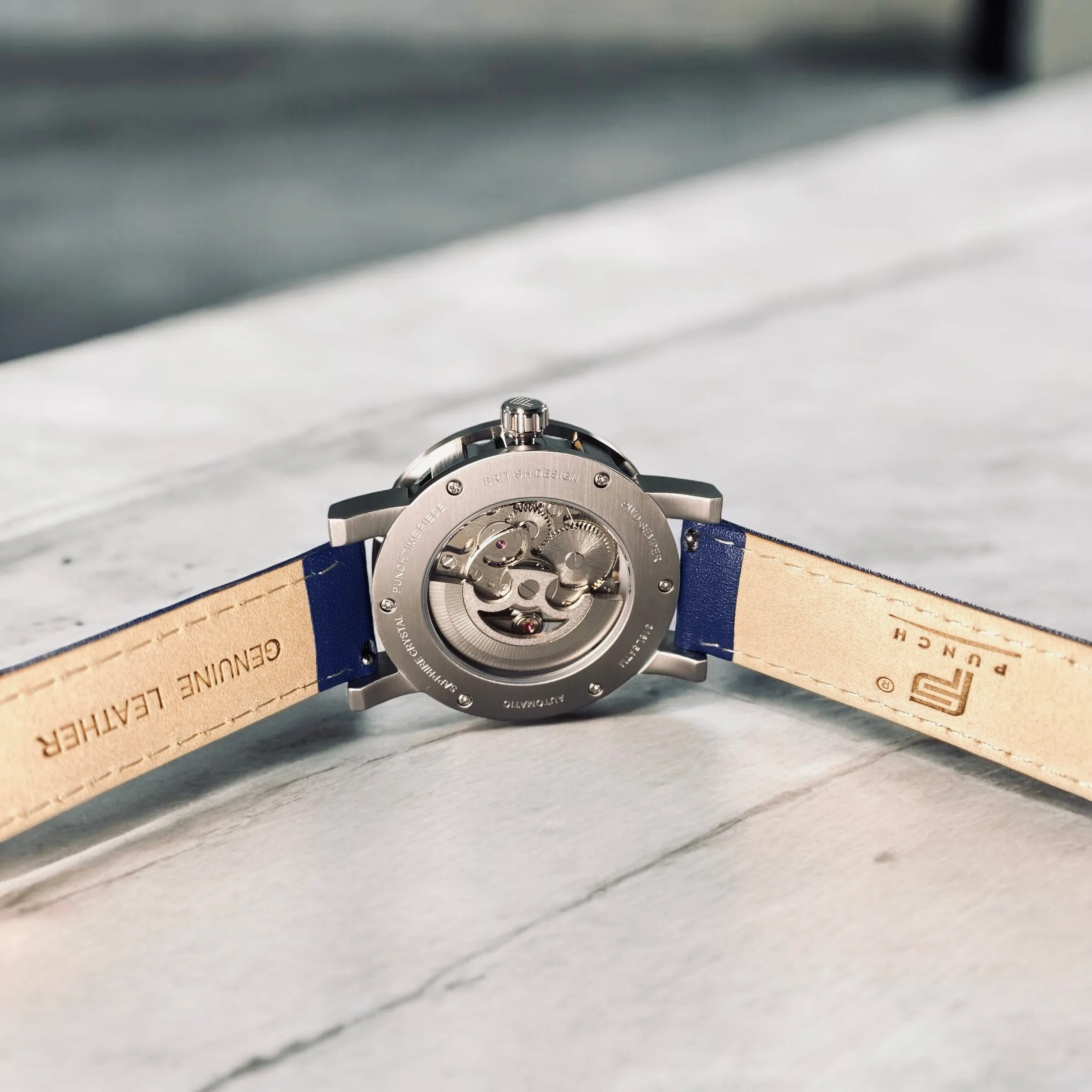 PUNCH Mens Watch, Silver & White Skeleton Automatic Watch - Blue Leather Strap