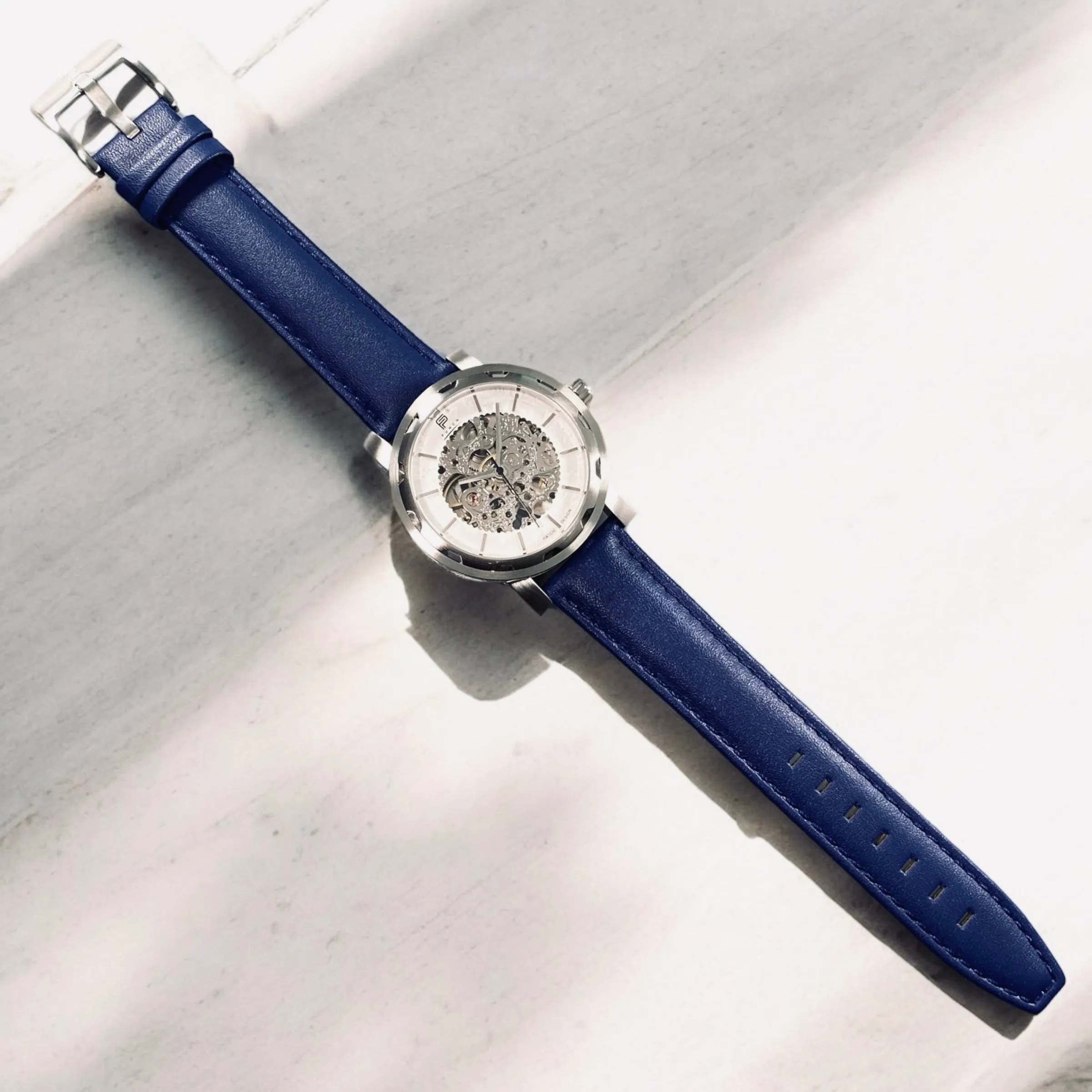 PUNCH Mens Watch, Silver & White Skeleton Automatic Watch - Blue Leather Strap
