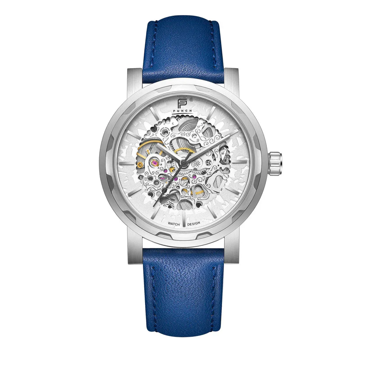 PUNCH Mens Watch, Silver & White Skeleton Automatic Watch - Blue Leather Strap