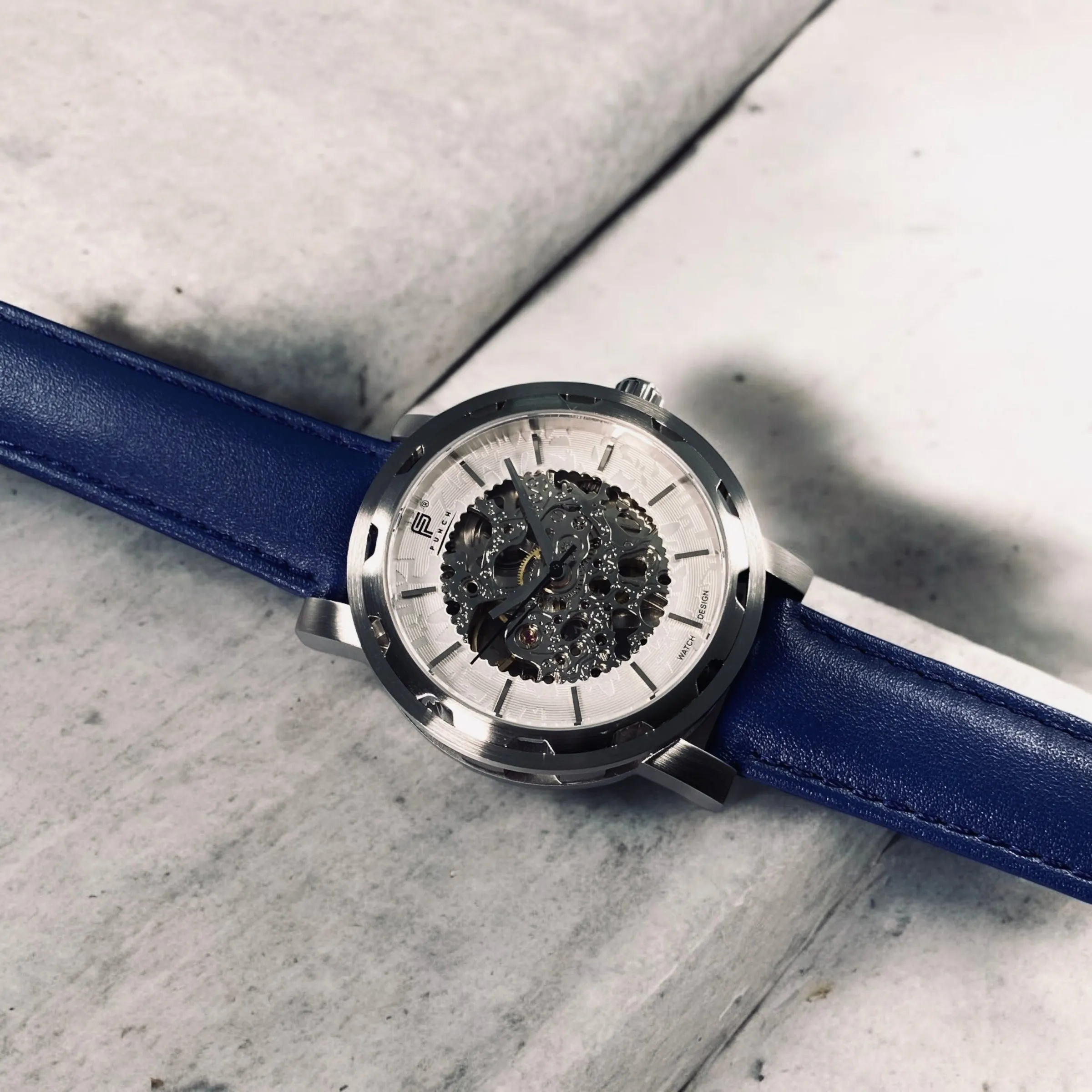 PUNCH Mens Watch, Silver & White Skeleton Automatic Watch - Blue Leather Strap