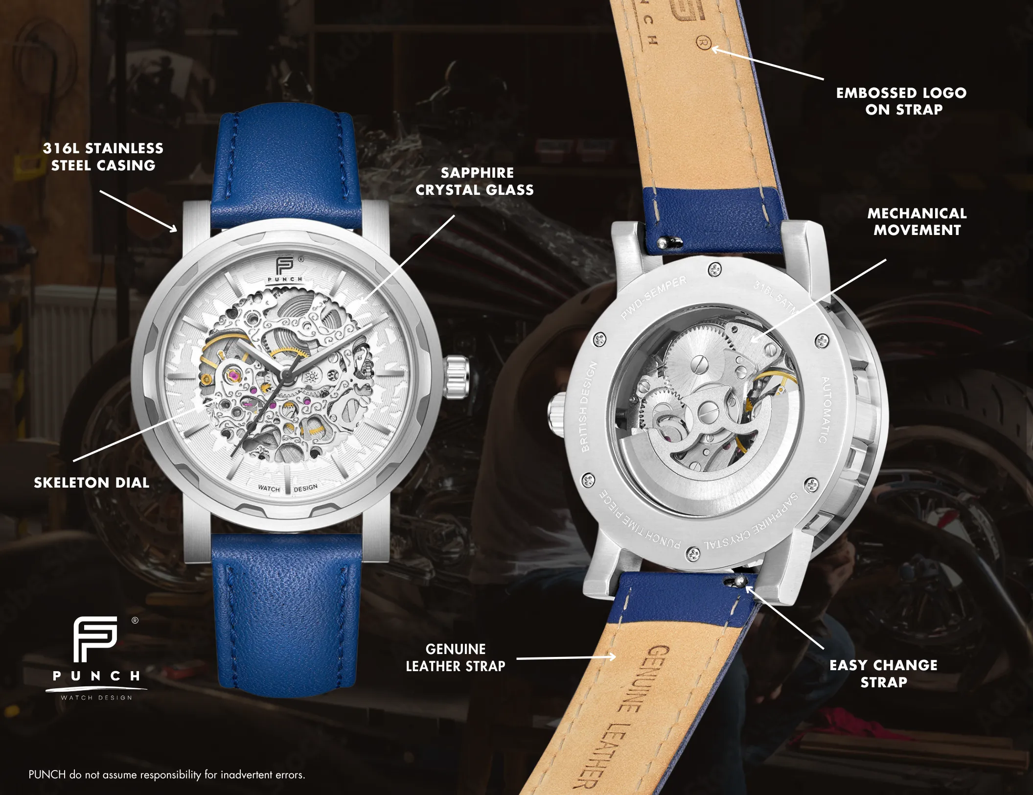 PUNCH Mens Watch, Silver & White Skeleton Automatic Watch - Blue Leather Strap