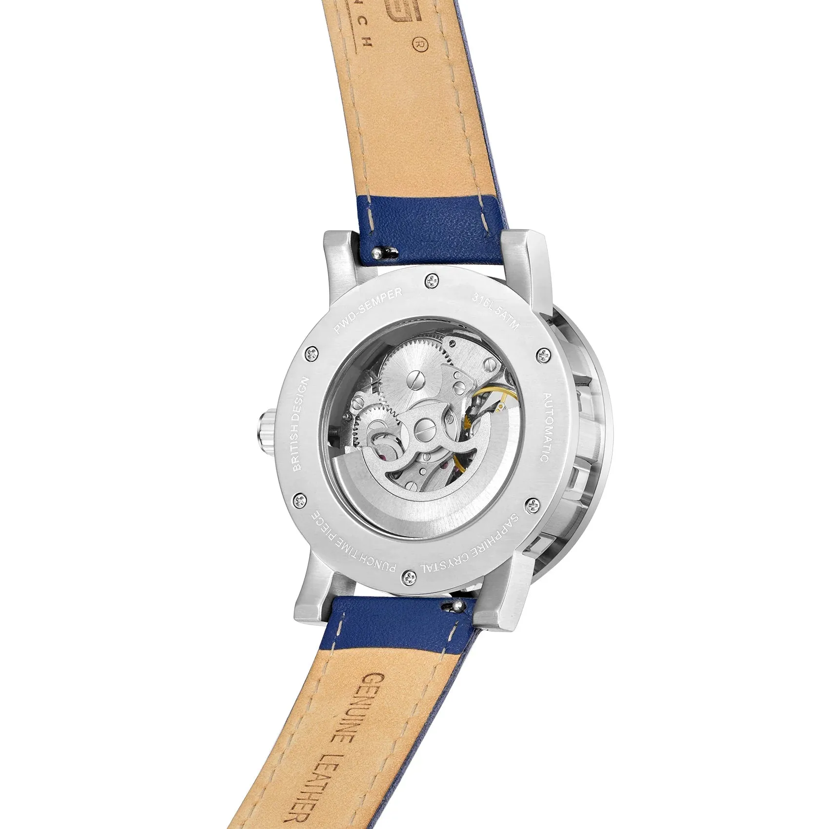 PUNCH Mens Watch, Silver & White Skeleton Automatic Watch - Blue Leather Strap