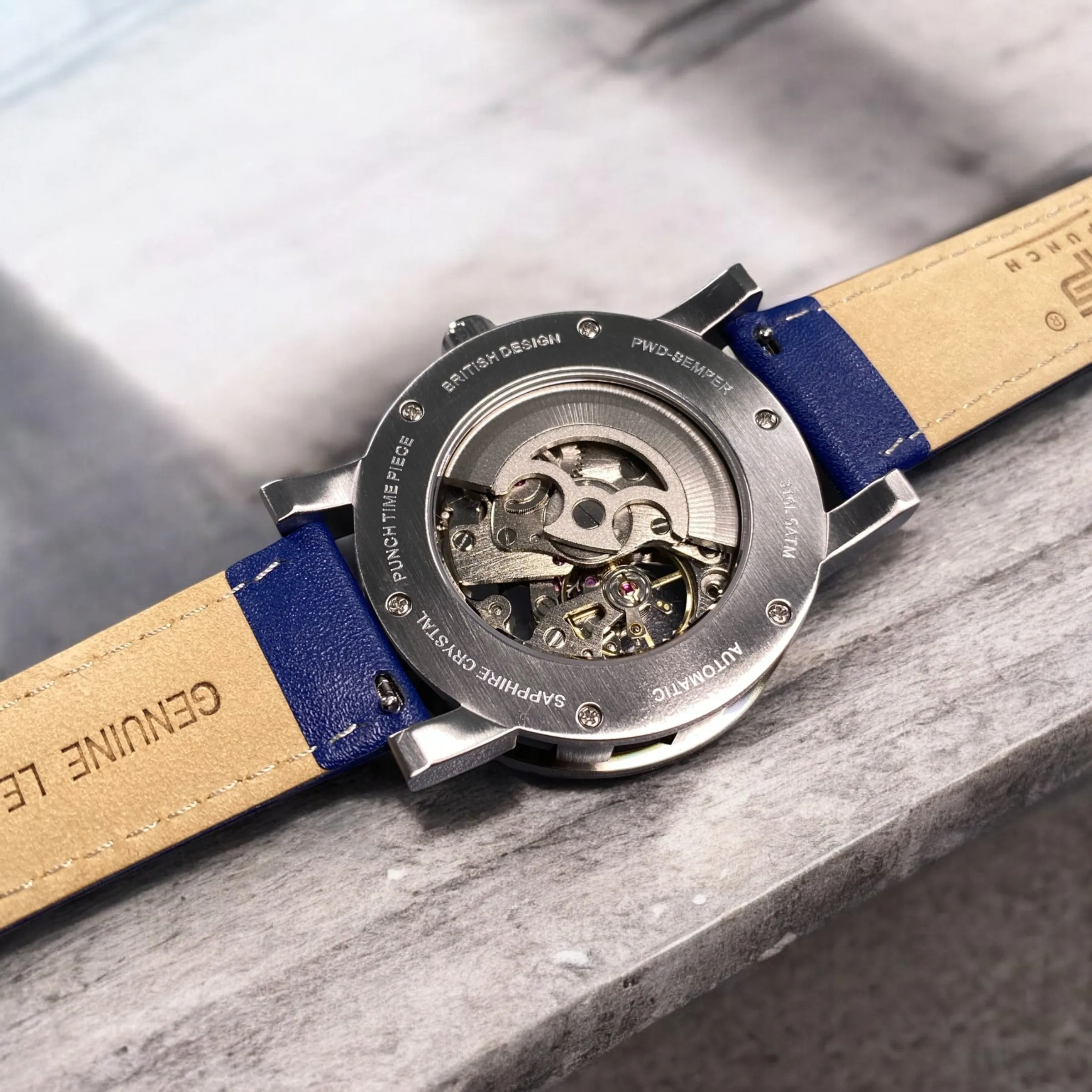PUNCH Mens Watch, Silver & White Skeleton Automatic Watch - Blue Leather Strap