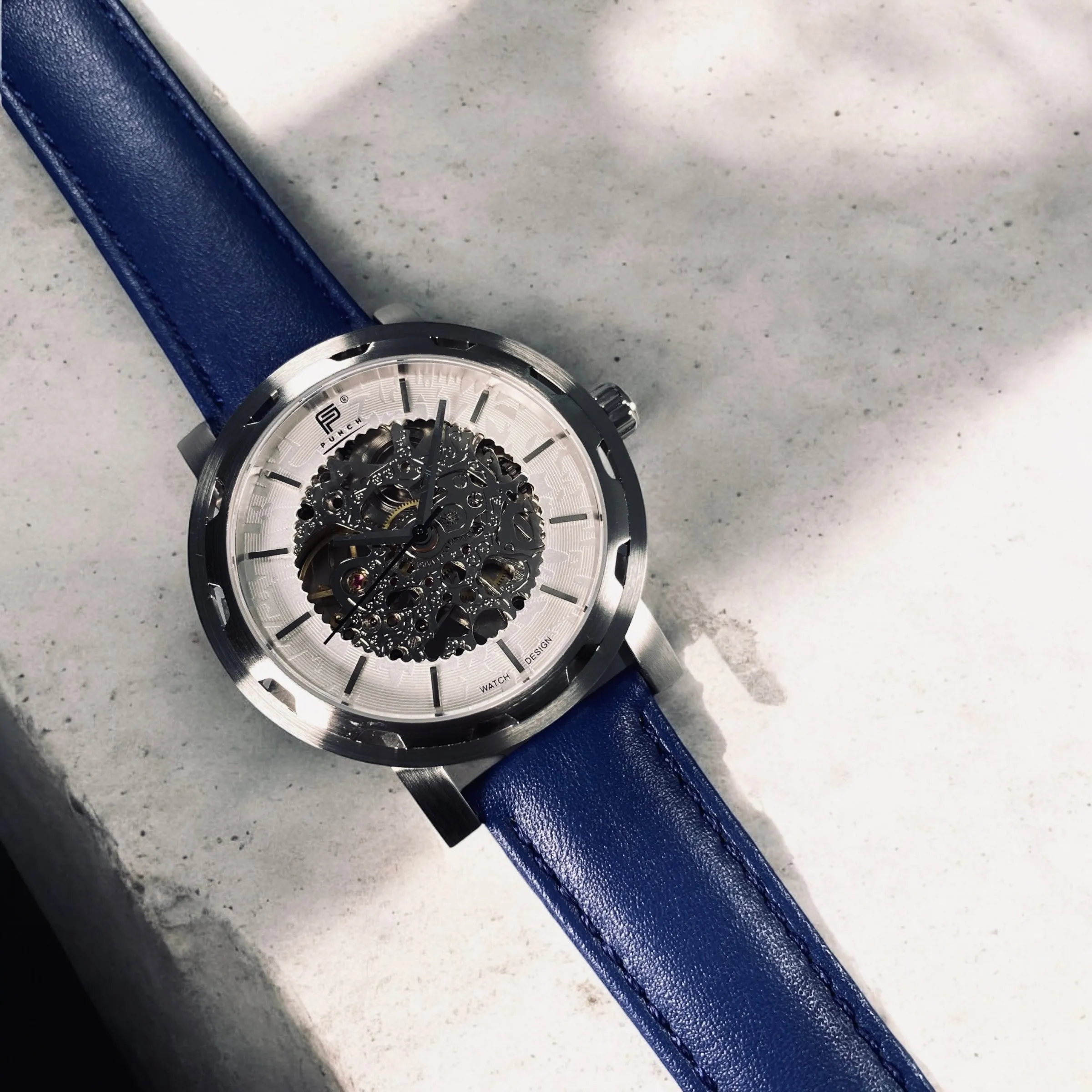 PUNCH Mens Watch, Silver & White Skeleton Automatic Watch - Blue Leather Strap
