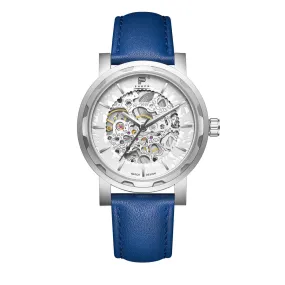 PUNCH Mens Watch, Silver & White Skeleton Automatic Watch - Blue Leather Strap