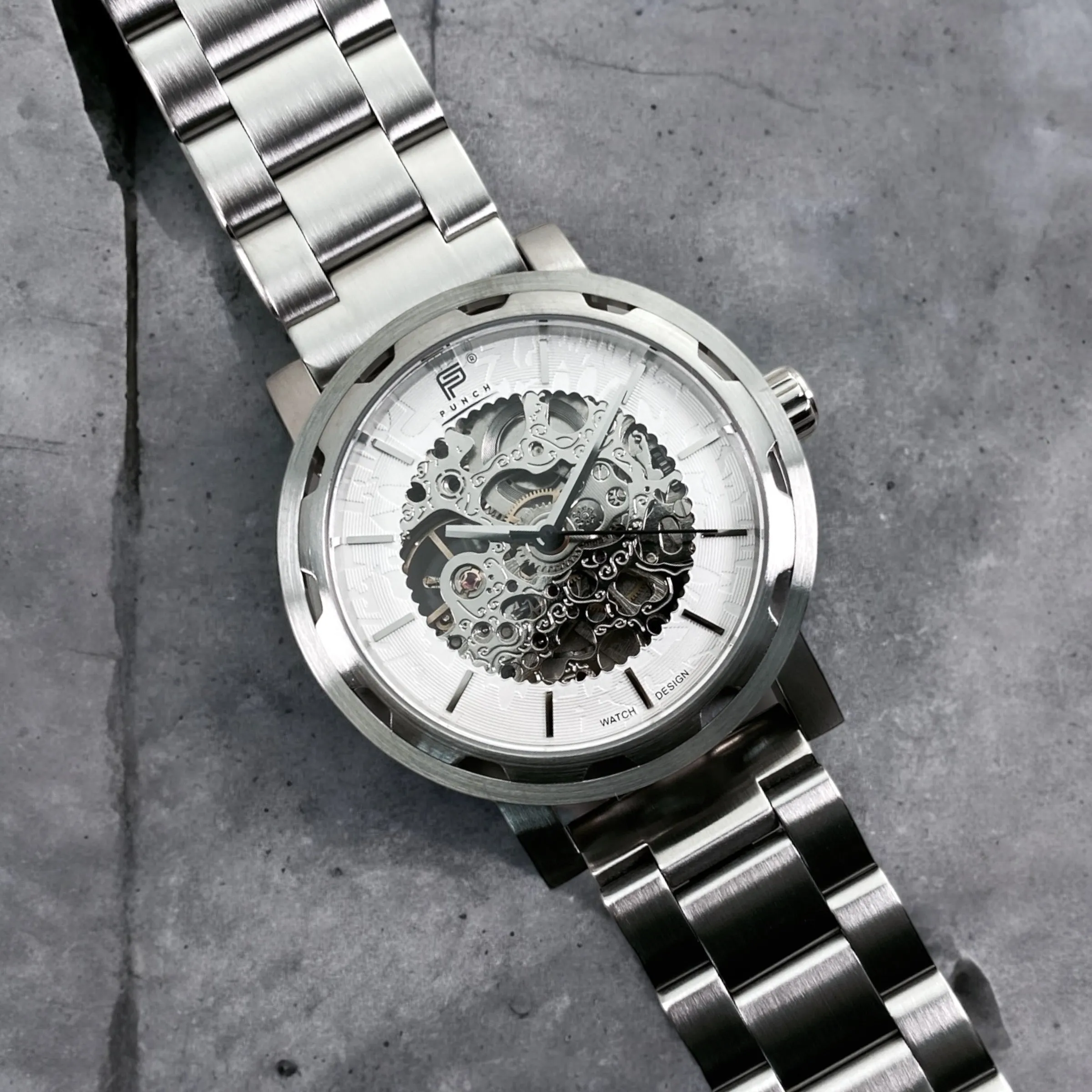 PUNCH Mens Watch, Silver & White Skeleton Automatic Watch - Silver Metal Strap