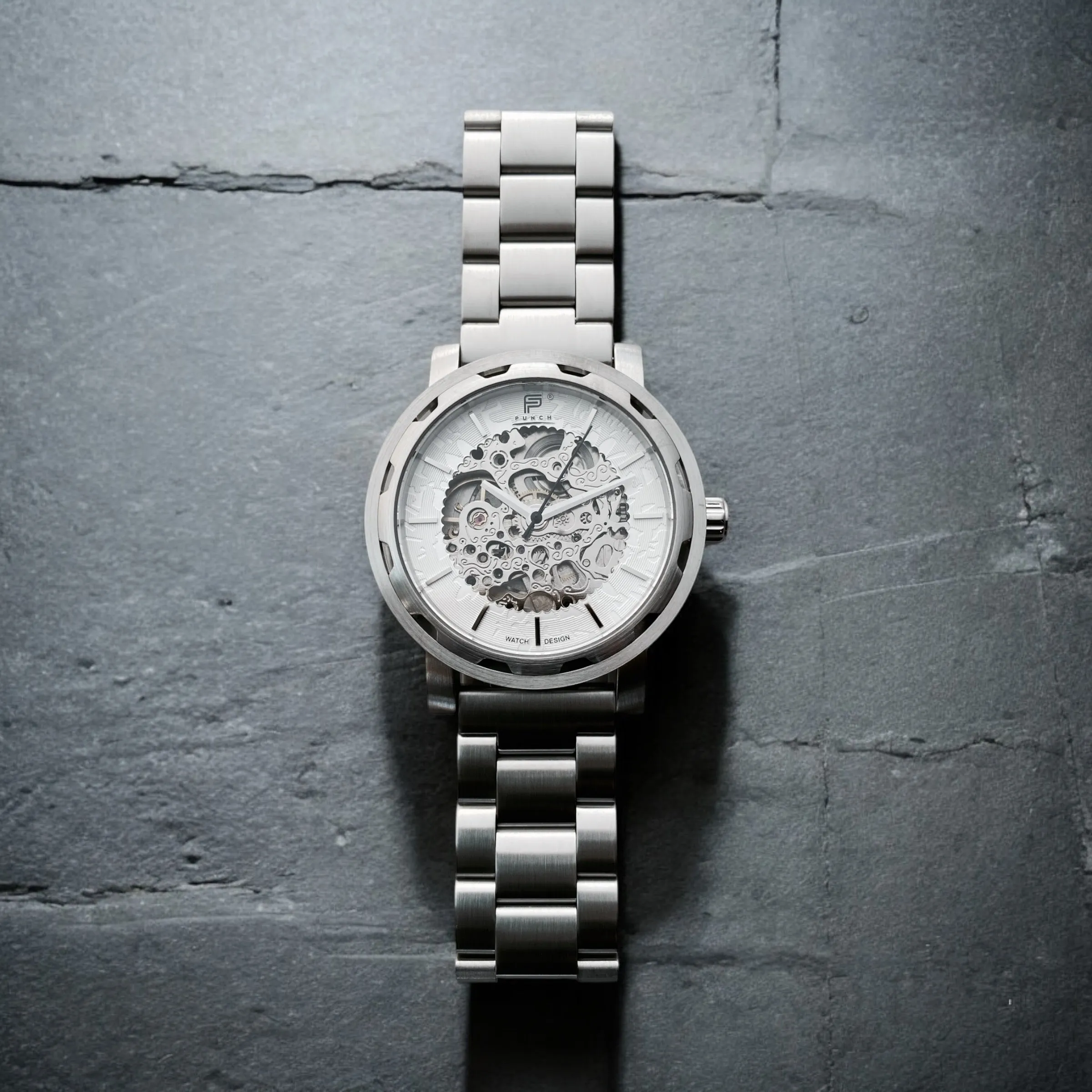 PUNCH Mens Watch, Silver & White Skeleton Automatic Watch - Silver Metal Strap