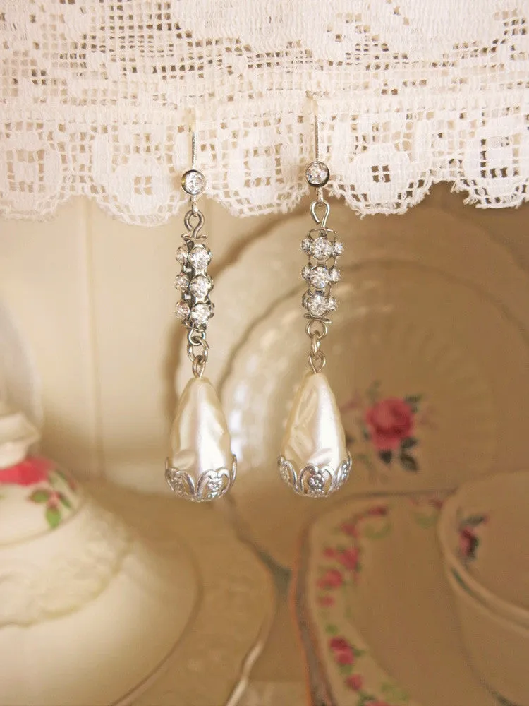 Rhinestone and Pearl Teardrop Earrings